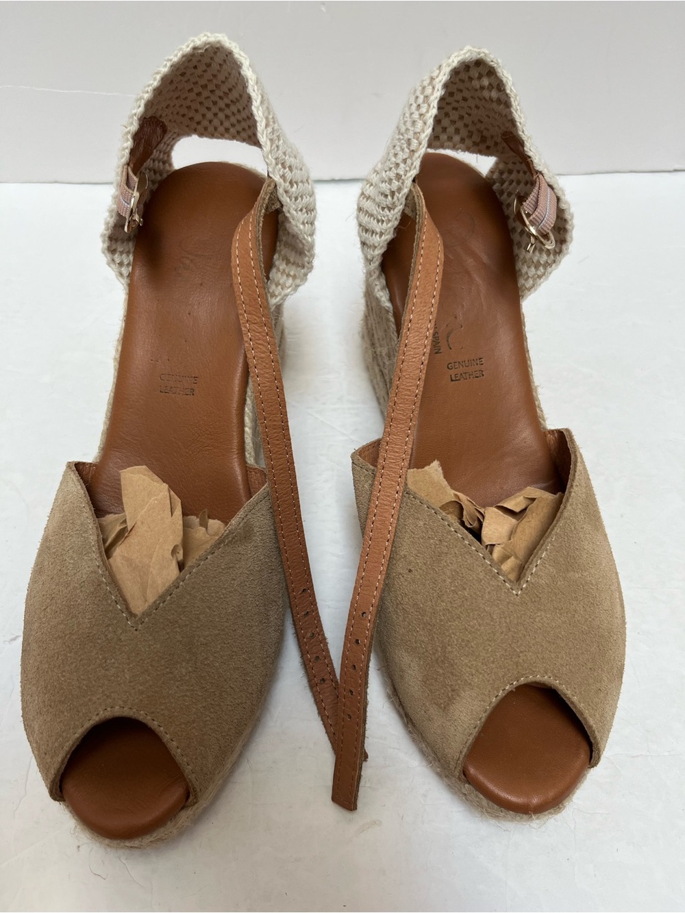 Dalson Spain Taupe Suede Peep Toe Espadrille Wedge Sandals Size 38 US 8